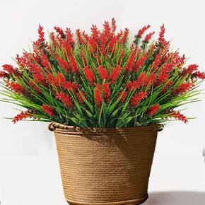 Outdoor Artificial Plants 16 Bundles Fake Wheat Grass UV Resistant Fake Flowers Bush Greenery, Faux Grass Shrubs for Home Porch Window Box Office Farmhouse Garden Décor (red)