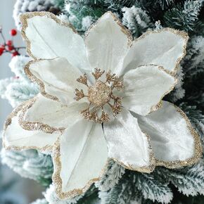 8 Pcs 11.8'' Large Christmas Magnolia Christmas Glitter Flowers Artificial Poinsettia Velvet Magnolia Ornaments for Christmas Tree Decorations Fold Floral Decor for Home Centerpiece(Red)