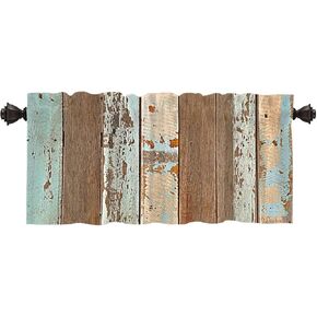 Batmerry Rustic Wood Kitchen Valances Half Window Curtain, Brown Wooden Blue Wood Plank Wall Board Panel Kitchen Valances for Windows Heat Insulated Valance for Decor Reducing The Light 52x18 Inch