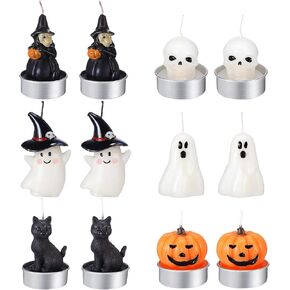 12 Pcs Halloween Decoration Candles Ghost Candles Pumpkin Skeleton Cat Witch Cute Mini Candles White Soy Wax Horror Tea Lights Spooky Candles Set for Autumn Halloween Party Home Decorations