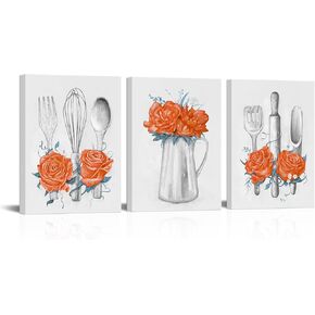 Visual Art Decor Kitchen Art Blue Kitchen Decor Painting Framed Ready to Hang 12x16inchx3Pieces (Deep Blue)