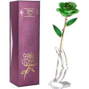 24K Green Rose for Her, Dipped Gold Rose Love Real Golden Plated Preserved Eternal Flower with Rose Stand Present for Wife/Mom/Grandma (Green)