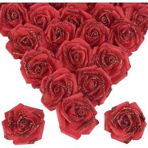 100pcs Red Glitter Roses 2.56" Artificial Red Roses Foam Glitter Flowers Fake Red Roses Faux Flowers for Bridal Shower Centerpieces DIY Wedding Flower Floral Arrangements (Red)