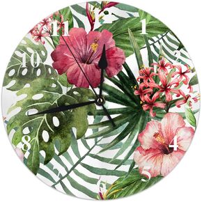 HGOD DESIGNS Tropical Flower Round Wall Clock,Watercolor Summer Hawaii Palm Tree Leaf and Tropical Plant Flower Silent Round Wall Clock Home Wall Decorative for Bedroom Office School Art(10")