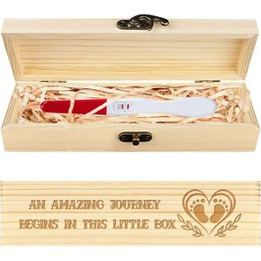 CHGCRAFT Pregnancy Test Keepsake Box Love Footprints Wooden Pregnancy Announcement Gifts Box with Raffia Ribbon and Lock Wooden Keepsake Box Announcement Gifts for Dad Husband, 8x2x1.2inch