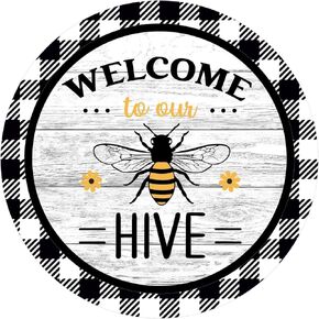 Retro Metal Tin Sign 12 X 12 Inches Welcome to Our Hive Plaid Spring Bee Wreath Sign Bee Wreath Sign Signs for Wreath Making Front Door Decor Spring Wreath Attachment Summer Bee Sign Home Decor Gifts