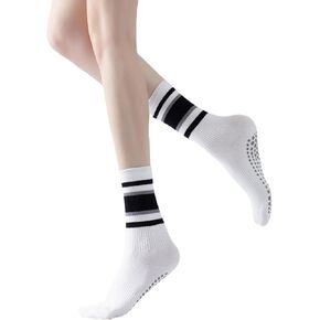 Yoga Pilates Socks with Grips for Women Striped Cushioned Non Slip Crew Socks for Barre Ballet Dance