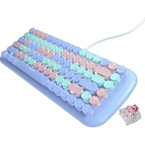 Cute Wired Mechanical Keyboard for Girls with White Backlit, 10 Lighting Effects, Portable 84-Key Round Keycaps Keyboard, Typewriter Style Retro Punk Gaming Keyboard (Milk Tea)
