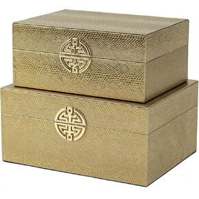A&B Home Textured Print Decorative Rectangular Boxes with Wrapped Handles - Set of 2 - Taupe Finish