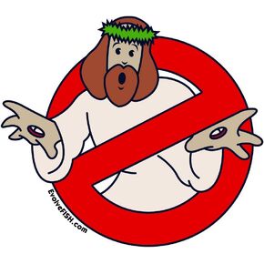 EvolveFISH Jesus Ghost Buster Parody Bumper Sticker - [5" x 4.25"]