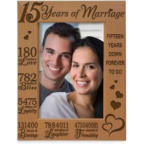 KATE POSH - Our 15th Anniversary Engraved Natural Wood Picture Frame - 15 Years of Marriage, Fifteen Years Together, Wedding for Husband & Wife (5x7 Vertical)