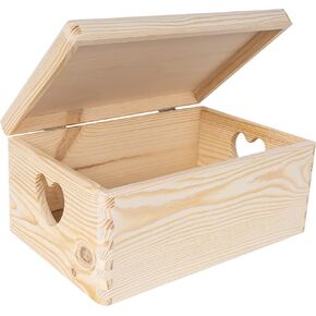 Large Wooden Box Storage Box with Hinged Lid | 11.8 x 7.87 x 5.51 inches (+-0.5) | with Heart Handles | Gift Box Display Box | Plain Unpainted Beige | Natural Wood Keepsake Chest