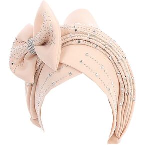 Women Shinny Beading Turban Hat Head Wrap Cap with Big Bow Pre-Tied Beanie Muslim Ruffle Cap