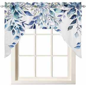 Blue Eucalyptus Leaves Swag Valances for Windows, Swag Kitchen Curtain Valances Summer Floral Rod Pocket Small Window Curtain for Cafe Bathroom Bedroom Drapes 56"x36" Watercolor Botanical