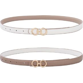 AWAYTR Womens Reversible Thin Belt - Skinny Waist Leather Belt with Gold Buckle Ladies Fashion Belt for Jeans Dress