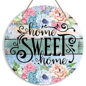 Home Sweet Home Welcome Sign for Front Door, Floral Welcome Door Sign Decoration, Round Decorative Wall Sign, Rustic Wooden Hanging Sign for Farmhouse Home Porch Living Room -27
