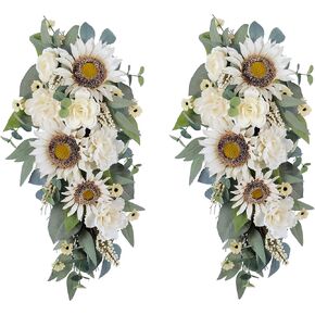 2-Pack Spring Summer Floral Teardrop Swags - 28" Artificial Sunflower, Peony, Rose Teardrop Wreath for Door, Wall, Window - White Floral Arrangement for Home Decor