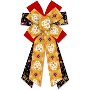 2PCS Day of the Dead Wreath Bows Dia de los Muertos Bows for Wreath Orange Black Sugar Skull Burlap Decor Bows for Dia de Muertos Halloween Party Indoor Outdoor Tree Topper Wreath Decoration Supplies
