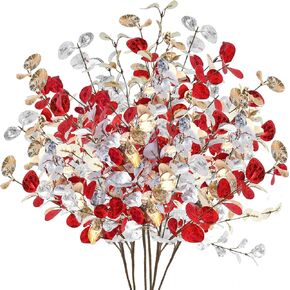 6Pcs Artificial Eucalyptus Leaves Stems 28'' Tall Christmas Fake Flowers and Plants Gold Red Silber Faux Greenery Branches for Floral Arrangements Holiday Xmas Winter Decoration