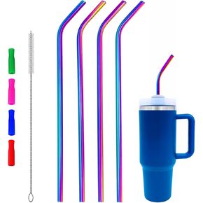 4 Pack 14" Extra Long Colorful Stainless Steel Metal Bent Straw for Stanley Quencher H2.0 40 64oz Tumbler, Simple Modern 40oz Cup, 128oz Tumbler, Wine Bottle, with Cleaning Brush & Silicone Tip