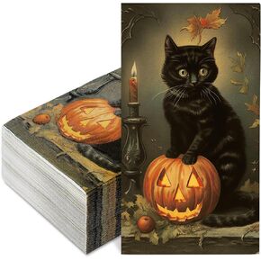 80 Pack Halloween Guest Napkins Black Cat Pumpkin Disposable Paper Napkin Vintage Dinner Hand Napkin for Kitchen Bathroom