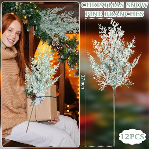 12 قطعة من فروع الصنوبر الاصطناعي الثلجي 17 بوصة من خشب الأرز الصناعي المتجمد بخاخات عيد الميلاد الخضراء من الصنوبر ينبع غصين لإكليل إكليل الزهور DIY الحرف اليدوية وديكورات الشتاء لعيد الميلاد in Kuwait