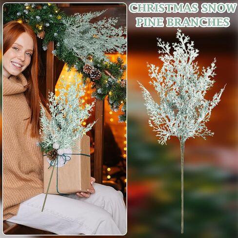 Yinder 12 Pcs Snowy Artificial Pine Branches 17 Inch Frosted Faux Cedar Sprays Christmas Greenery Pine Picks Stems Twig for Garland Wreath DIY Crafts Xmas Winter Decorations in Saudi Arabia