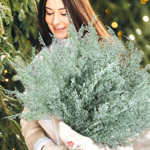 Yinder 12 Pcs Snowy Artificial Pine Branches 17 Inch Frosted Faux Cedar Sprays Christmas Greenery Pine Picks Stems Twig for Garland Wreath DIY Crafts Xmas Winter Decorations in Saudi Arabia