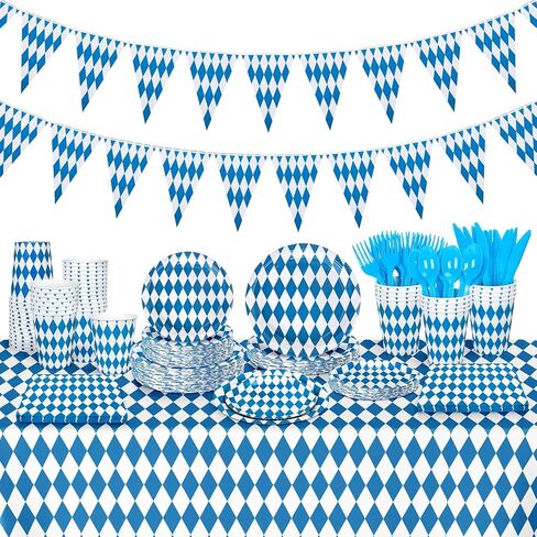 طقم أدوات مائدة للاستعمال مرة واحدة من Whaline 177 قطعة من لوازم حفلات Oktoberfest باللون الأزرق والأبيض لمستلزمات مهرجان البيرة الألمانية in Saudi Arabia