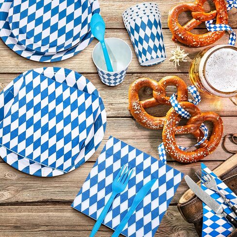 طقم أدوات مائدة للاستعمال مرة واحدة من Whaline 177 قطعة من لوازم حفلات Oktoberfest باللون الأزرق والأبيض لمستلزمات مهرجان البيرة الألمانية in Saudi Arabia