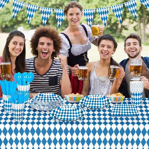 طقم أدوات مائدة للاستعمال مرة واحدة من Whaline 177 قطعة من لوازم حفلات Oktoberfest باللون الأزرق والأبيض لمستلزمات مهرجان البيرة الألمانية in Saudi Arabia