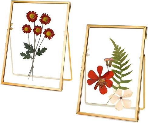 2 قطعة من إطارات الصور العائمة الذهبية DIY إطار صورة زجاجي هدايا مقاس 5 × 7 بوصة إطارات زهور معدنية عائمة شفافة مضغوطة لتزيين سطح المكتب الفني (مستطيل) in Kuwait