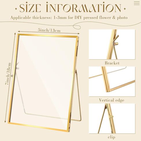 2 قطعة من إطارات الصور العائمة الذهبية DIY إطار صورة زجاجي هدايا مقاس 5 × 7 بوصة إطارات زهور معدنية عائمة شفافة مضغوطة لتزيين سطح المكتب الفني (مستطيل) in Kuwait