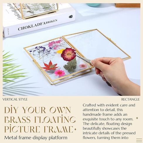 2 قطعة من إطارات الصور العائمة الذهبية DIY إطار صورة زجاجي هدايا مقاس 5 × 7 بوصة إطارات زهور معدنية عائمة شفافة مضغوطة لتزيين سطح المكتب الفني (مستطيل) in Kuwait