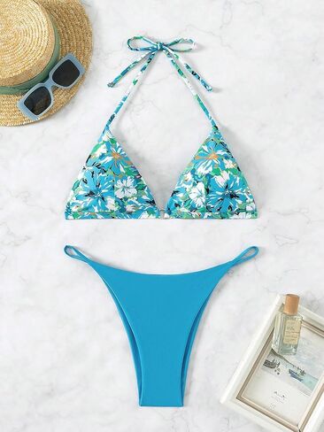 SHENHE Women's Two Piece Swimsuit Floral Tie Backless Halter Wireless Bra and Thong Bikini Set in Saudi Arabia