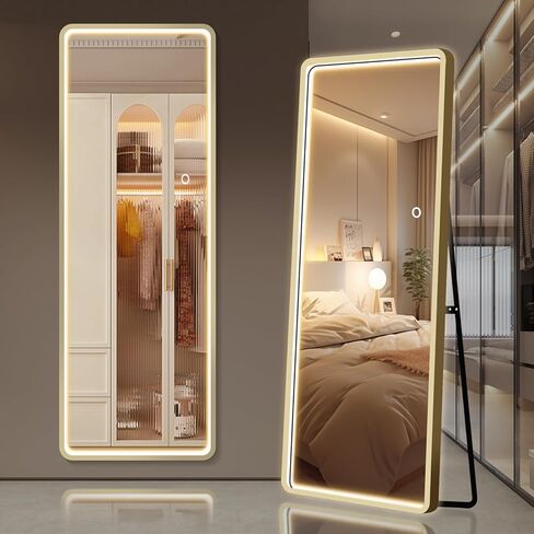 PexFix 64 بوصة × 21 بوصة LED مستطيلة كاملة الطول مرآة أرضية واقفة، مرآة تزيين الجسم بالكامل، مرآة معلقة على الحائط لغرفة النوم، ذهبي in Kuwait