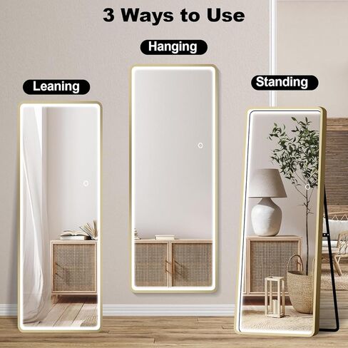 PexFix 64 بوصة × 21 بوصة LED مستطيلة كاملة الطول مرآة أرضية واقفة، مرآة تزيين الجسم بالكامل، مرآة معلقة على الحائط لغرفة النوم، ذهبي in Kuwait