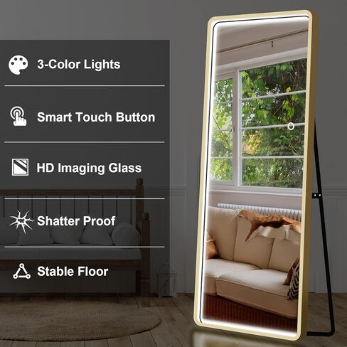 PexFix 64 بوصة × 21 بوصة LED مستطيلة كاملة الطول مرآة أرضية واقفة، مرآة تزيين الجسم بالكامل، مرآة معلقة على الحائط لغرفة النوم، ذهبي in Kuwait