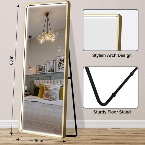 PexFix 64 بوصة × 21 بوصة LED مستطيلة كاملة الطول مرآة أرضية واقفة، مرآة تزيين الجسم بالكامل، مرآة معلقة على الحائط لغرفة النوم، ذهبي in Kuwait