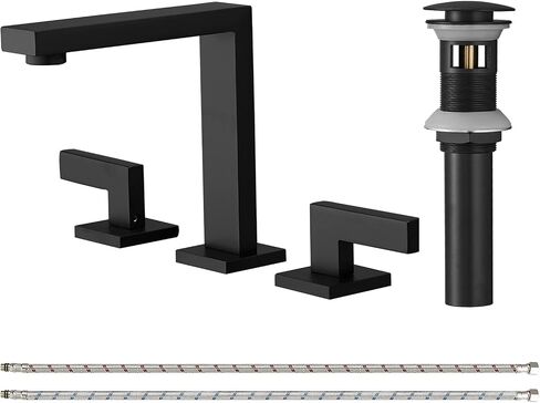 Homevacious 8 Inch 2-Handle Widespread Bathroom Faucet,Matte Black Bathroom Faucet 3 Hole,Modern Vanity Sink Faucet,with Pop Up Drain Assembly and Supply Hose,3 Pieces Bath Lavatory Mixer Tap in Saudi Arabia