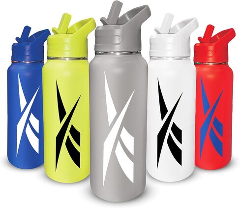 Reebok Stainless Steel Water Bottle With Straw Cap & Athletic Design - 32 oz - Double Wall Vacuum Insulated Sports Water Bottle With Straw, BPA Free (Grey with White Vector) in Saudi Arabia