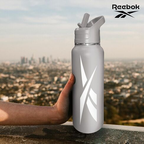 Reebok Stainless Steel Water Bottle With Straw Cap & Athletic Design - 32 oz - Double Wall Vacuum Insulated Sports Water Bottle With Straw, BPA Free (Grey with White Vector) in Saudi Arabia