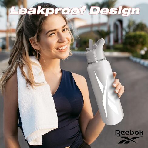 Reebok Stainless Steel Water Bottle With Straw Cap & Athletic Design - 32 oz - Double Wall Vacuum Insulated Sports Water Bottle With Straw, BPA Free (Grey with White Vector) in Saudi Arabia