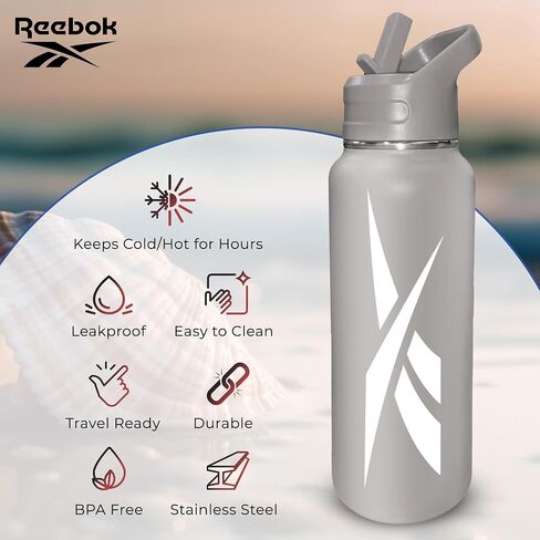 Reebok Stainless Steel Water Bottle With Straw Cap & Athletic Design - 32 oz - Double Wall Vacuum Insulated Sports Water Bottle With Straw, BPA Free (Grey with White Vector) in Saudi Arabia