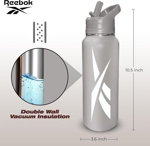 Reebok Stainless Steel Water Bottle With Straw Cap & Athletic Design - 32 oz - Double Wall Vacuum Insulated Sports Water Bottle With Straw, BPA Free (Grey with White Vector) in Saudi Arabia