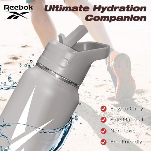 Reebok Stainless Steel Water Bottle With Straw Cap & Athletic Design - 32 oz - Double Wall Vacuum Insulated Sports Water Bottle With Straw, BPA Free (Grey with White Vector) in Saudi Arabia