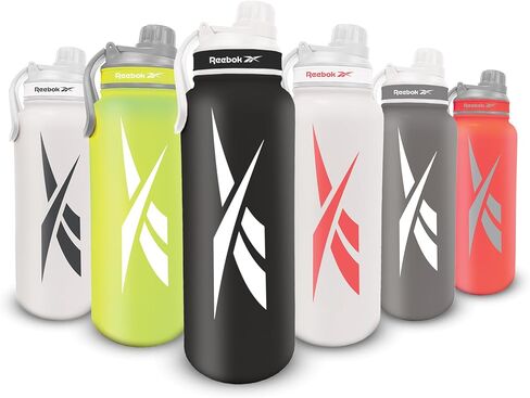 Reebok Stainless Steel Water Bottle With Straw Cap & Athletic Design - 32 oz - Double Wall Vacuum Insulated Sports Water Bottle With Straw, BPA Free (Grey with White Vector) in Saudi Arabia