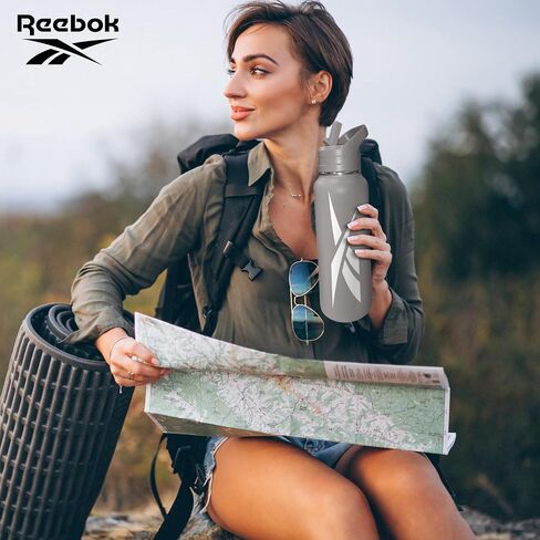 Reebok Stainless Steel Water Bottle With Straw Cap & Athletic Design - 32 oz - Double Wall Vacuum Insulated Sports Water Bottle With Straw, BPA Free (Grey with White Vector) in Saudi Arabia