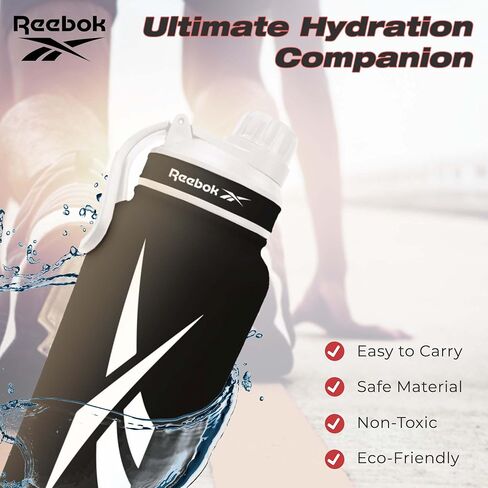 Reebok Stainless Steel Water Bottle With Straw Cap & Athletic Design - 32 oz - Double Wall Vacuum Insulated Sports Water Bottle With Straw, BPA Free (Grey with White Vector) in Saudi Arabia