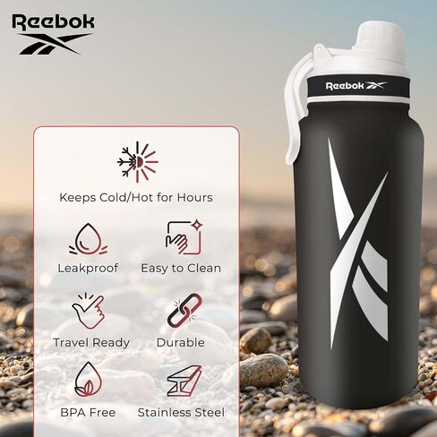 Reebok Stainless Steel Water Bottle With Straw Cap & Athletic Design - 32 oz - Double Wall Vacuum Insulated Sports Water Bottle With Straw, BPA Free (Grey with White Vector) in Saudi Arabia